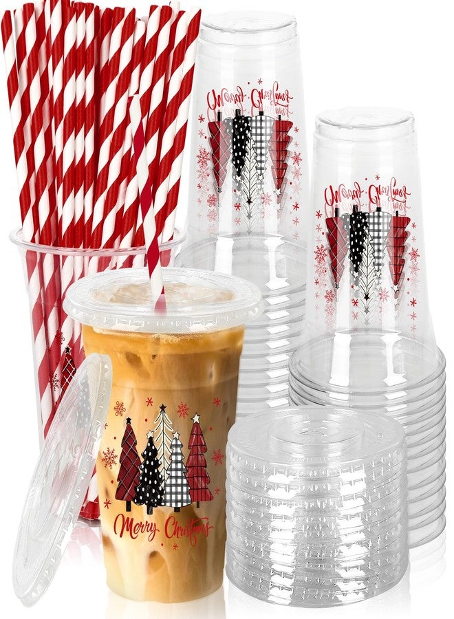 JarThenaAMCS أكواب بلاستيكية شفافة من JarThenaAMCS، 50 قطعة، بأغطية وماصات، بتصميمات حمراء وسوداء، وشجرة عيد الميلاد، وندفة ثلج، ونقشة مربعات، سعة 12 أونصة، للاستخدام مرة واحدة، مثالية لحفلات عيد الميلاد. - Image 1